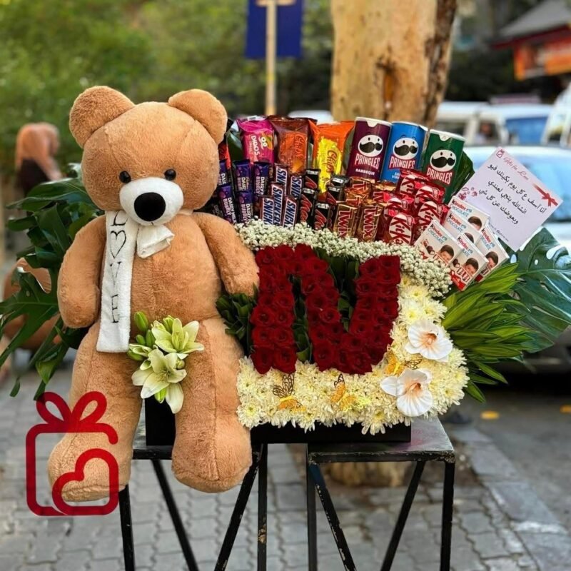 Teddy Bear & Chocolate Flower Gift Arrangement