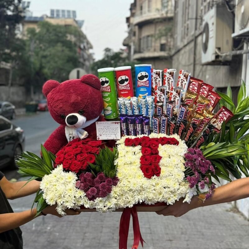 Teddy Bear & Chocolate Flower Gift Arrangement