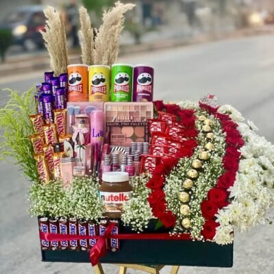Luxury Snack & Makeup Gift Set with Flowers