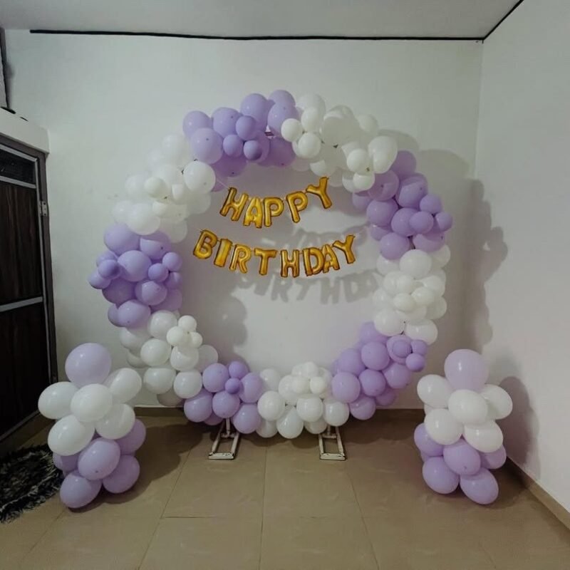 Pastel Purple and White Balloon Ring Setup with Happy Birthday Banner