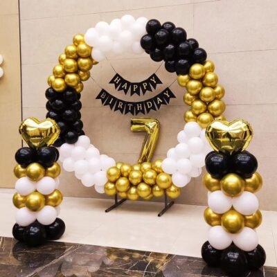 Black Gold White Balloon Ring Setup with Number Foil and Birthday Banner