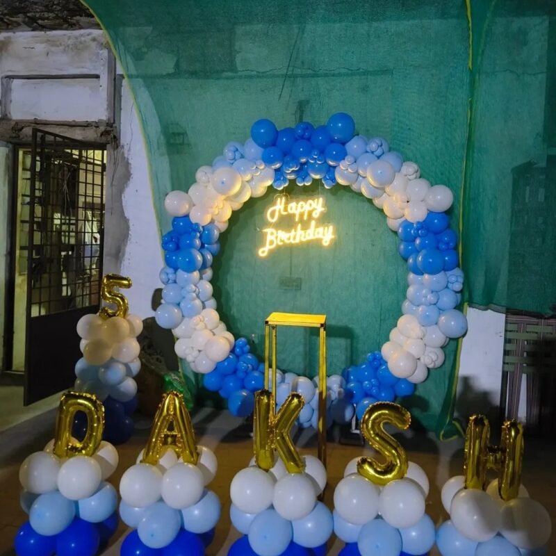 Blue White Balloon Ring Setup with LED Happy Birthday Sign and Name Letter Balloons
