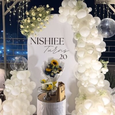 Elegant White Balloon Birthday Setup with Custom Name Backdrop