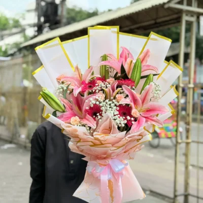 Mixed Flower Bouquet with Pink Lilies & Gerberas