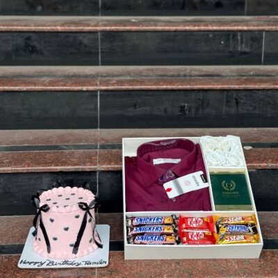 Cake, Raymond Shirt & Perfume Gift Set with White Roses