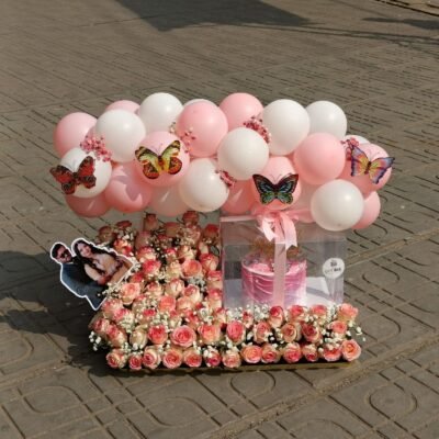 Cake with Pink & White Roses and Balloon Set