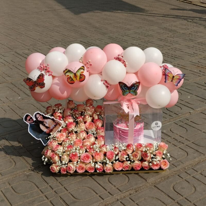 Cake with Pink & White Roses and Balloon Set
