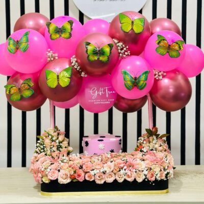 Cake with Pink & White Roses and Pink Balloons