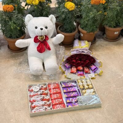 White Teddy Bear with Red Roses & Chocolate Gift Set