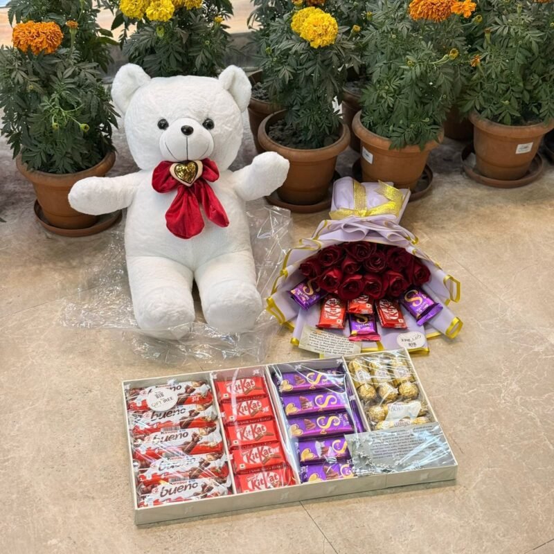 White Teddy Bear with Red Roses & Chocolate Gift Set