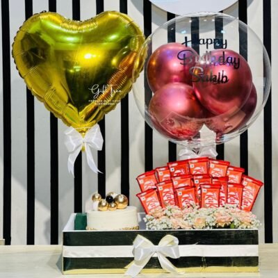 Cake with Pink & White Roses and Heart Balloon Set