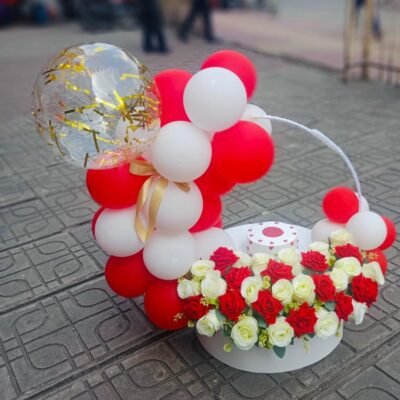 Cake with Red & White Roses and Balloon Set