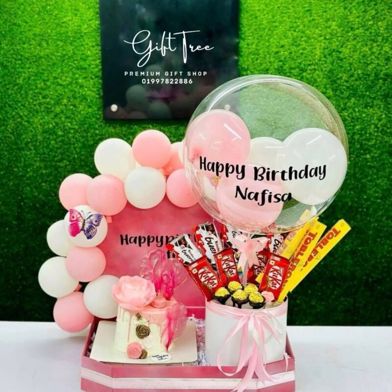 Pink Theme Cake with Chocolate Collection & Bubble Balloon