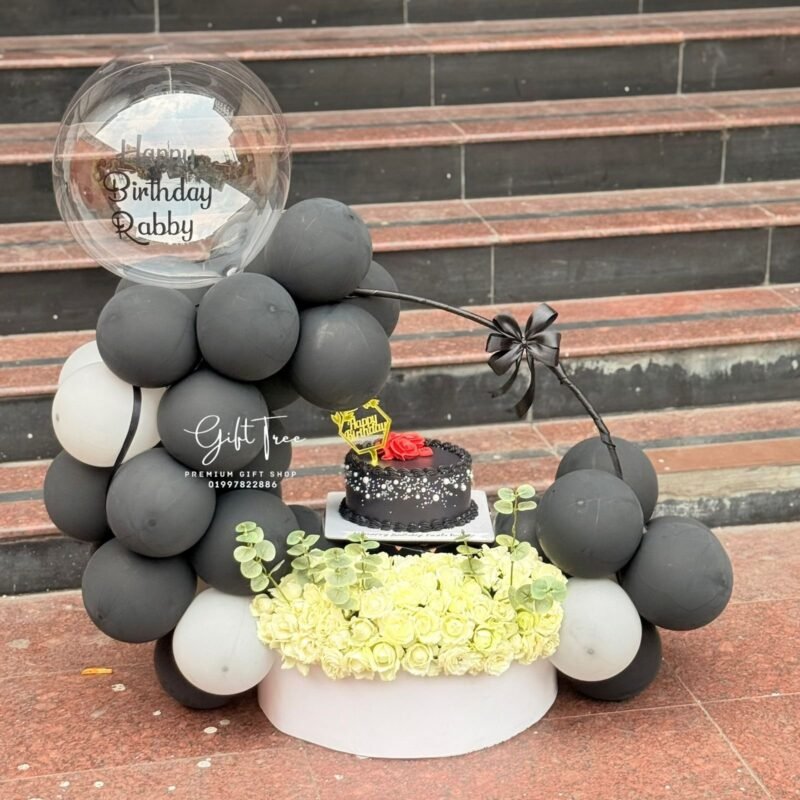 Black Forest Cake with White Roses & Bubble Balloon Arch