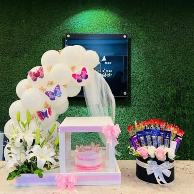 Pink & White Cake with Lily Rose Bouquet & Chocolate Box