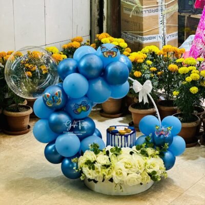 Blue Drip Cake with White Roses & Balloon Set