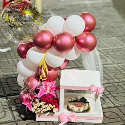 Romantic Anniversary Case with Cake, Roses & Lilies