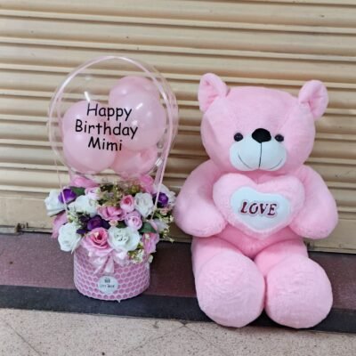 Cute Pink Teddy with Flower Bucket & Bubble Balloon