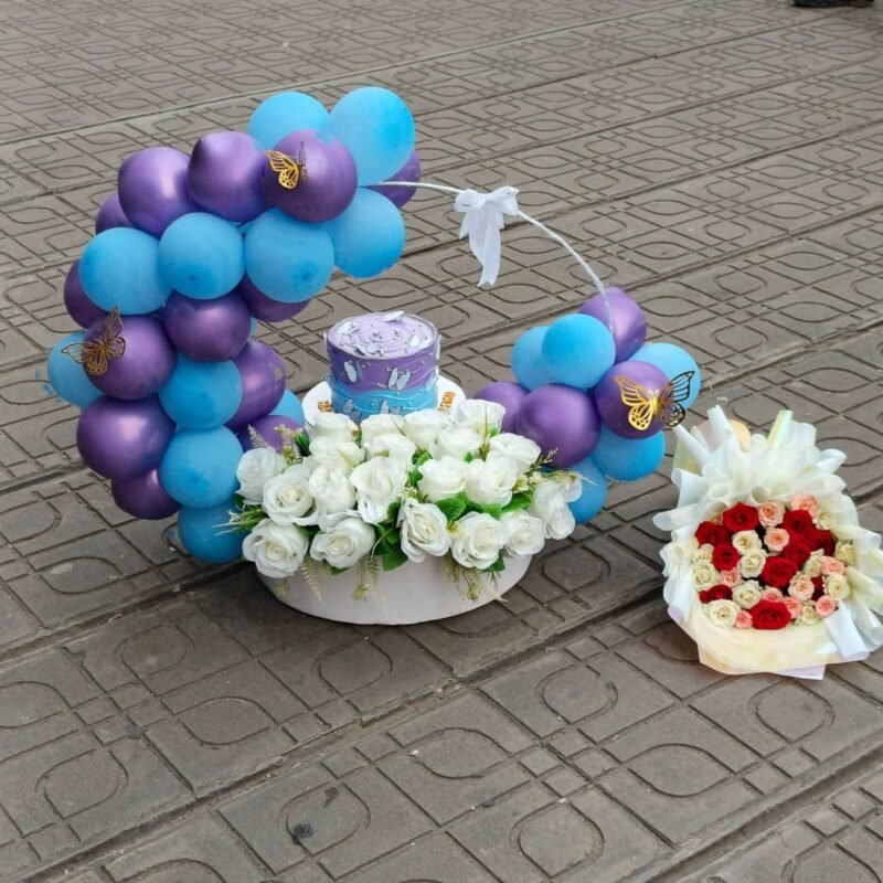 Royal Purple Premium Cake & Colorful Bouquet Combo