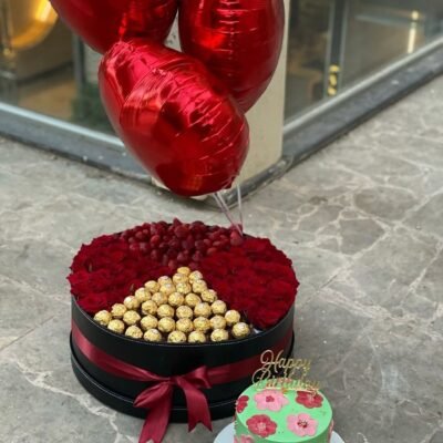 Red Rose & Ferrero Rocher Floral Cake Gift Set with Balloons