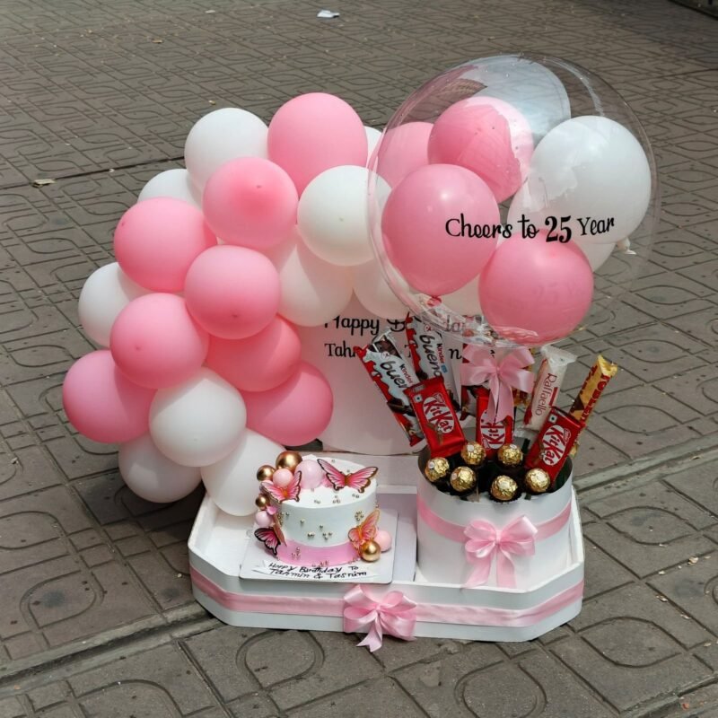 Pink & White Balloon Chocolate Bouquet with Butterfly Cake