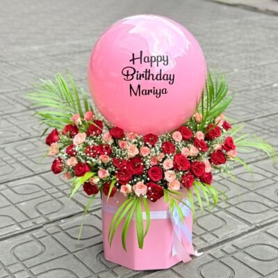 Red & Peach Roses with Pink Balloon Gift