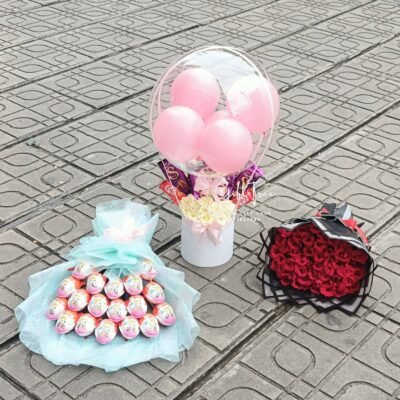 Kinder Joy & White Roses Chocolate Bouquet with Red Rose Balloon Set