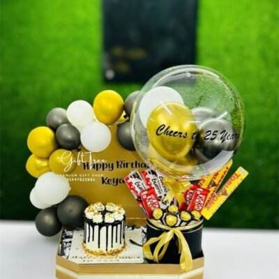 Gold & Black Balloon Chocolate Bouquet with Drip Cake
