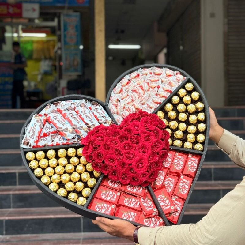 Heart-Shaped Box with Kinder, Ferrero, Raffaello & Roses