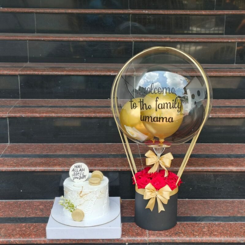 Red Roses with Hot Air Balloon & White Cake Gift