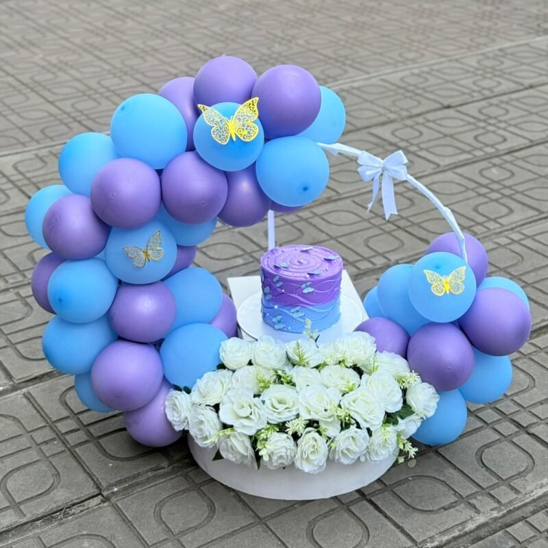 Blue & Purple Balloons with White Roses & Wave Cake