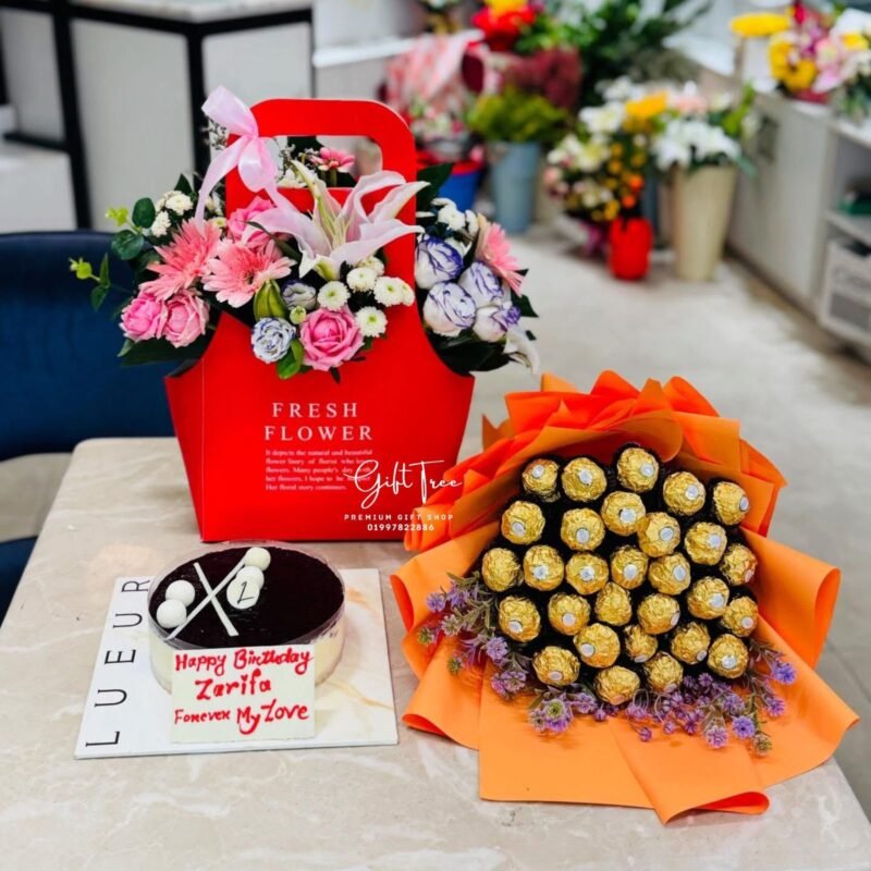 Ferrero Rocher Chocolate Bouquet with Flowers & Premium Cake