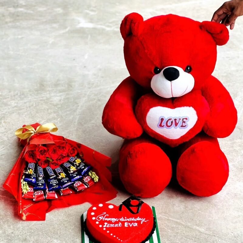 Romantic Red Teddy Set with Chocolate Bouquet & Heart Cake