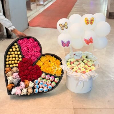 Ferrero Rocher & Kinder Joy Heart Box with Flowers