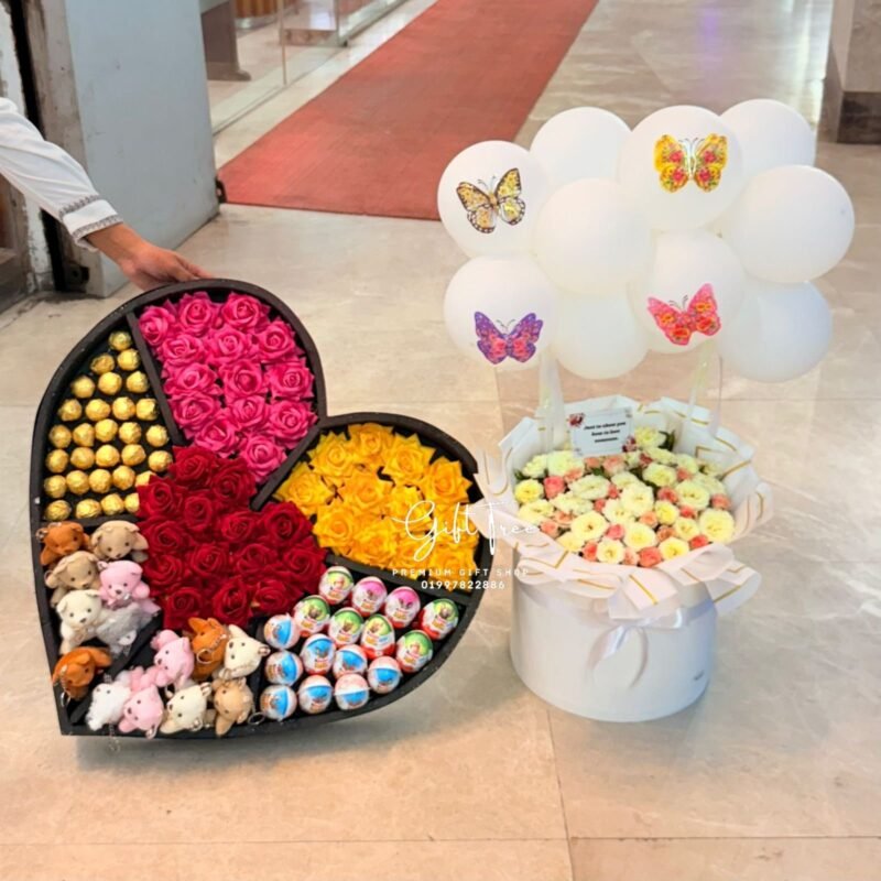Ferrero Rocher & Kinder Joy Heart Box with Flowers