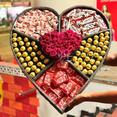 Ferrero Rocher, KitKat, Kinder Bueno & Raffaello Heart Box with Red Roses