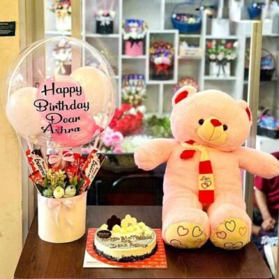 Teddy Bear with Birthday Cake & Chocolate Balloon Bouquet