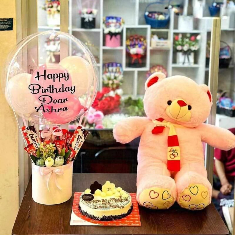 Teddy Bear with Birthday Cake & Chocolate Balloon Bouquet