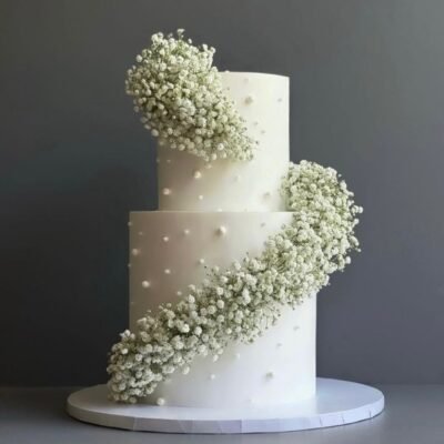 Two-Tier White Cake with Baby’s Breath Flowers 8 pound