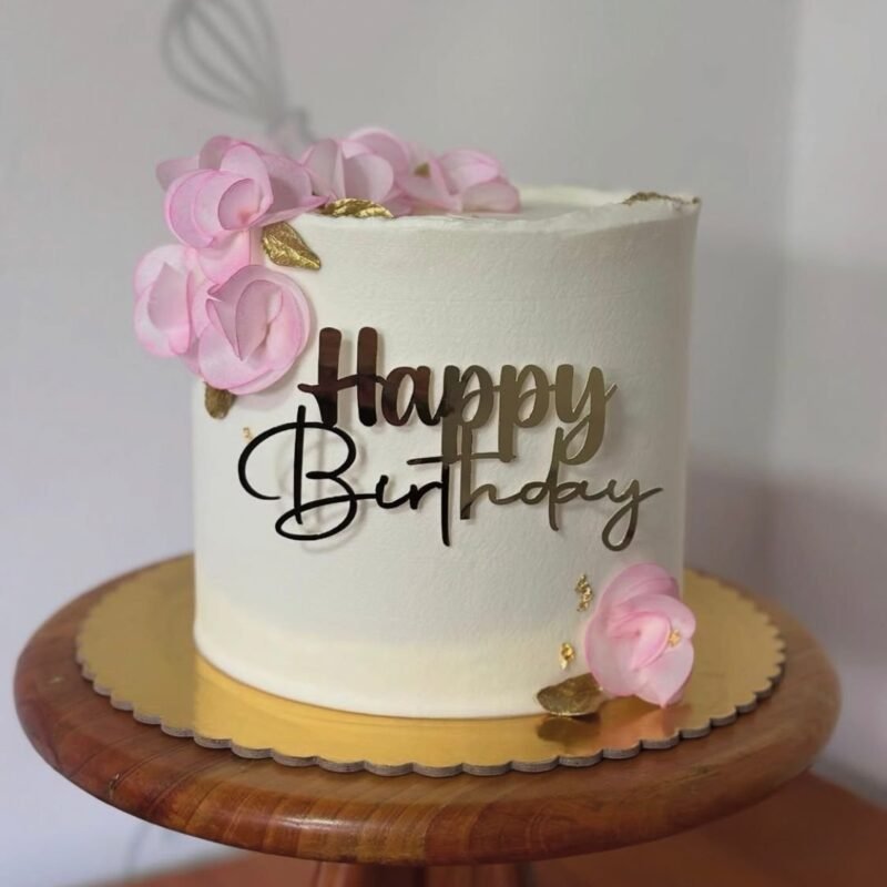 Happy Birthday Cake with Pink Silk Roses (1kg)