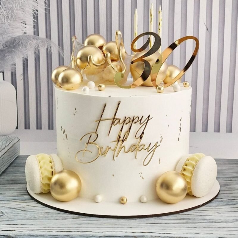 Golden Sphere & Number Birthday Cake Topper Set with Macarons (1kg)