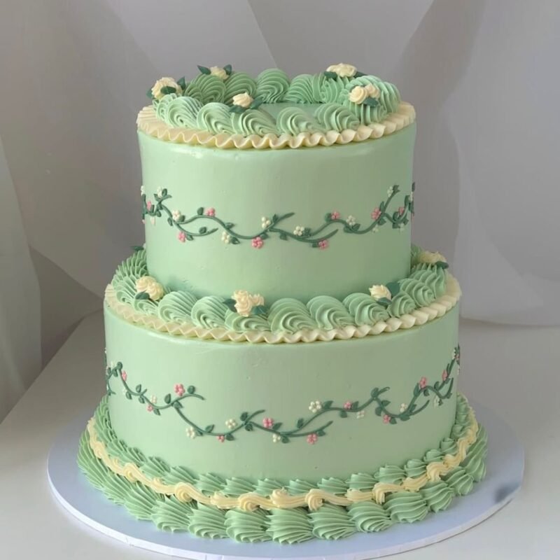 Two-Tier Sage Green Cake with Cream Roses (7 pound)