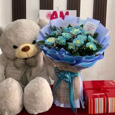 Blue Rose Bouquet with Giant Teddy Bear & Chocolate Box