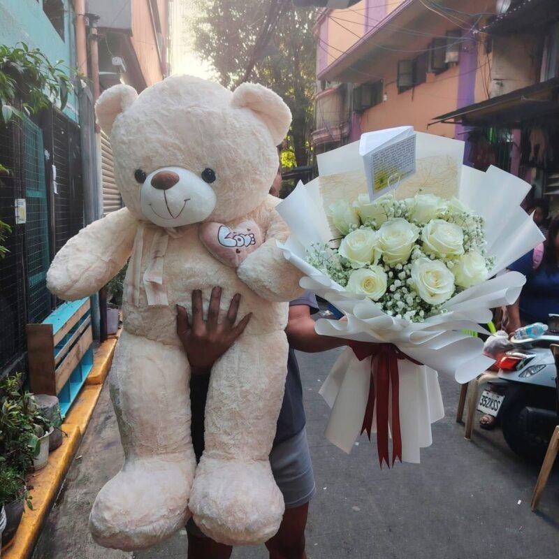 White Rose Bouquet with Giant Teddy Bear