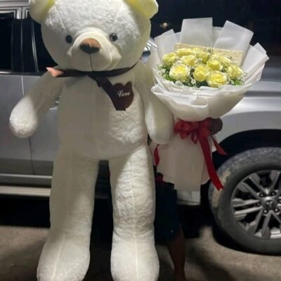 Yellow Rose Bouquet with Giant Teddy Bear