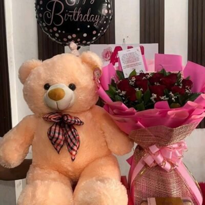 Red Rose Bouquet with Peach Teddy, Ferrero Rocher & Birthday Balloon