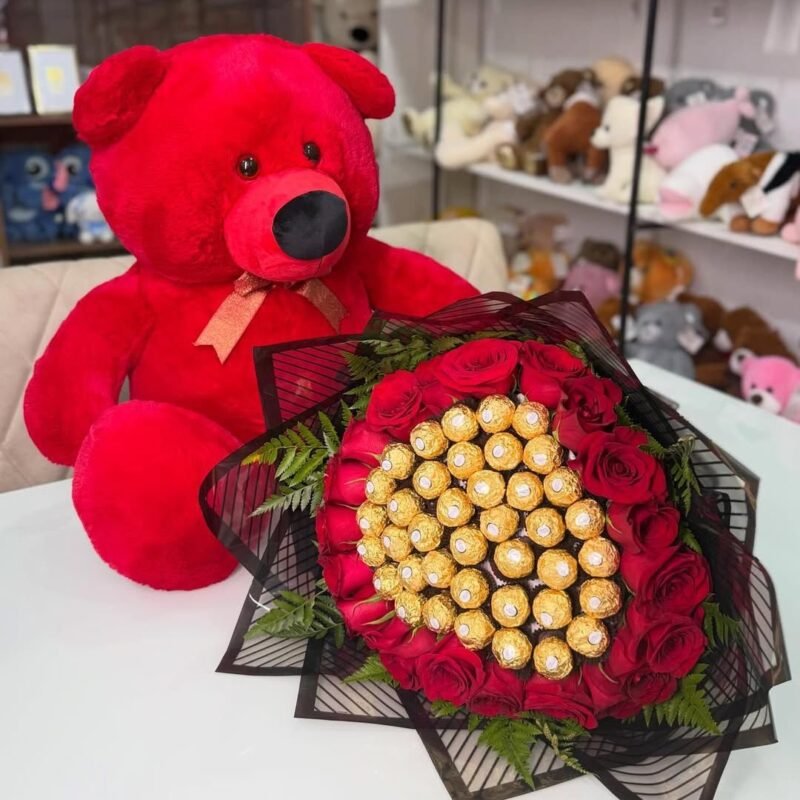 Ferrero Rocher & Red Rose Bouquet with Red Teddy Bear