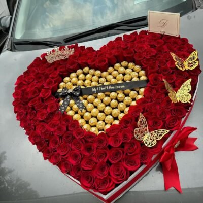 Heart-shaped Red Rose & Ferrero Rocher Box