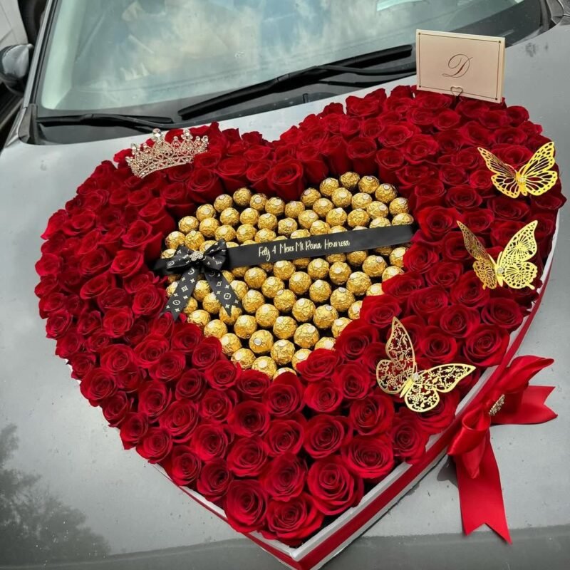 Heart-shaped Red Rose & Ferrero Rocher Box