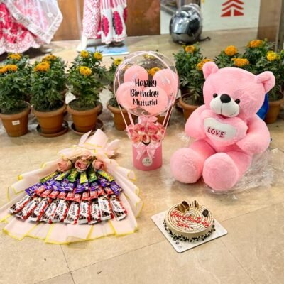 Chocolate Bouquet with Pink Teddy, Hot Air Balloon Box & Cake